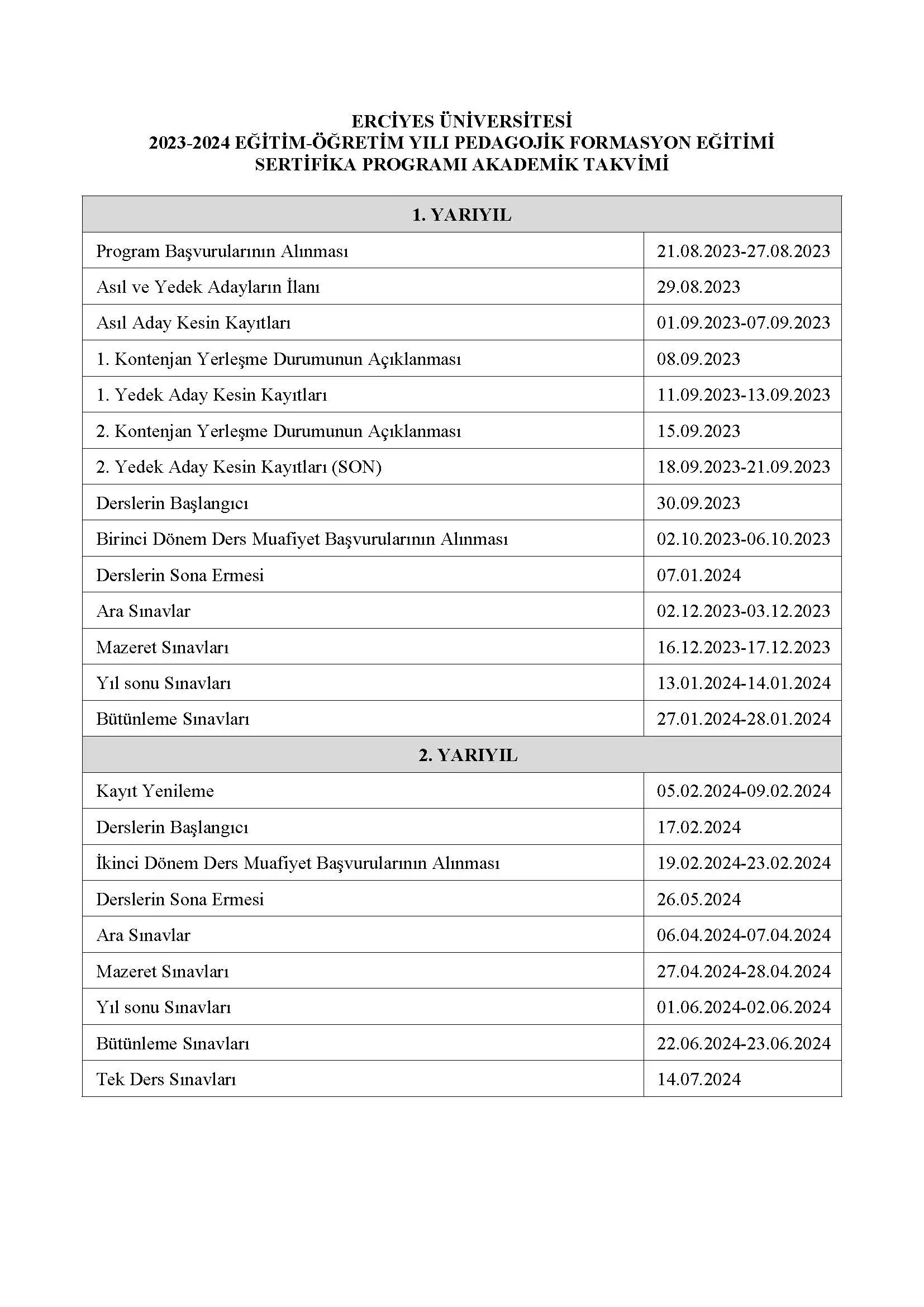 Akademik Takvim Akademik Takvim